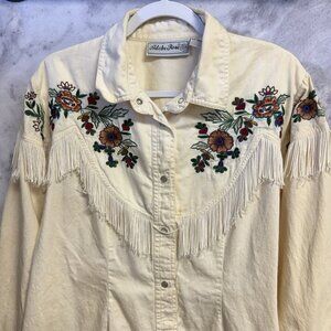 Vintage Adobe Rose Pearl Snap Fringe Western Shirt Womens 2X 25.5x27 Embroidered